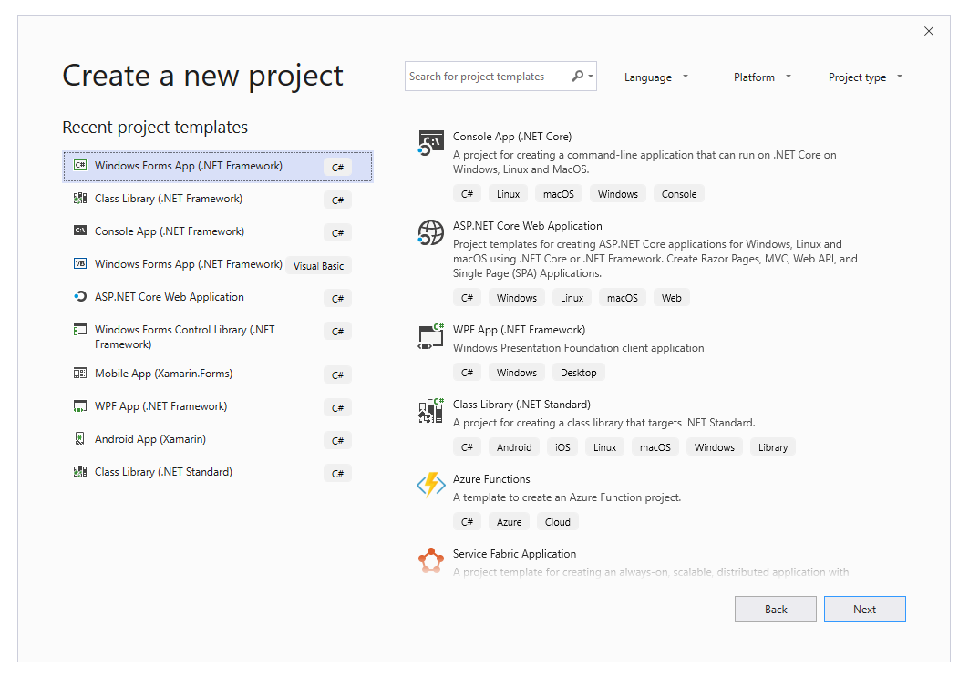 Create a new project in Visual Studio 2019